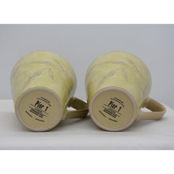 Two Pier One Stoneware Brown Antiqued Leaf 12 oz Mug Cup - Picture 2 of 6